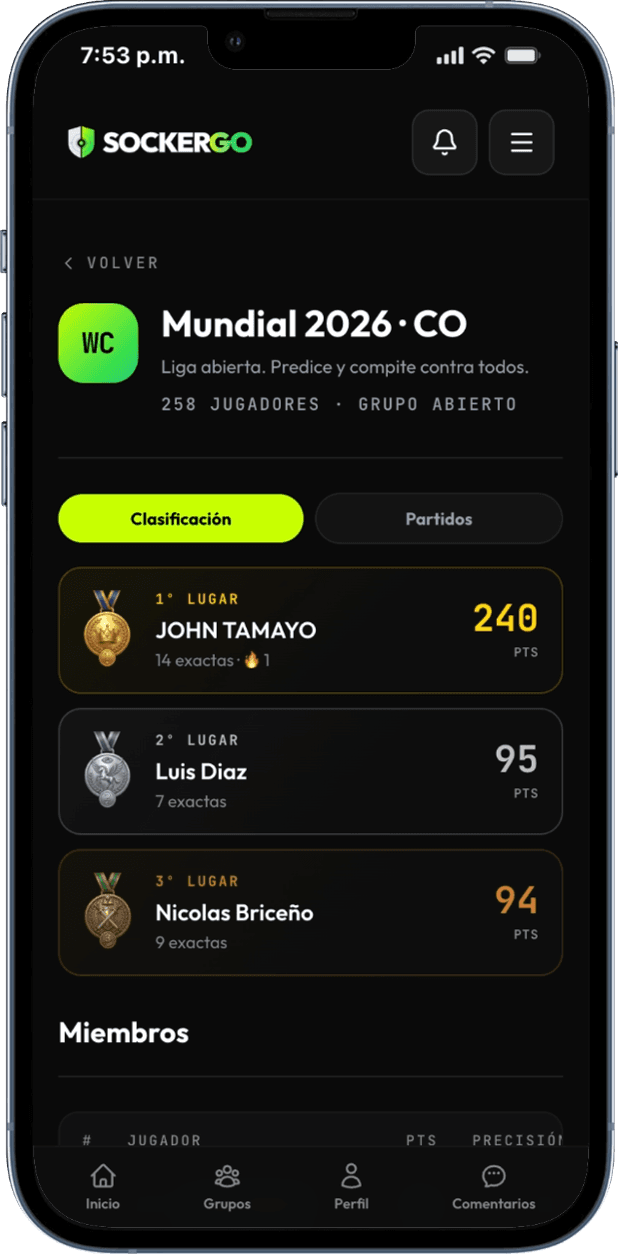 Sockergo screen with the Mundial 2026 · CO group ranking: the top three places and their points.