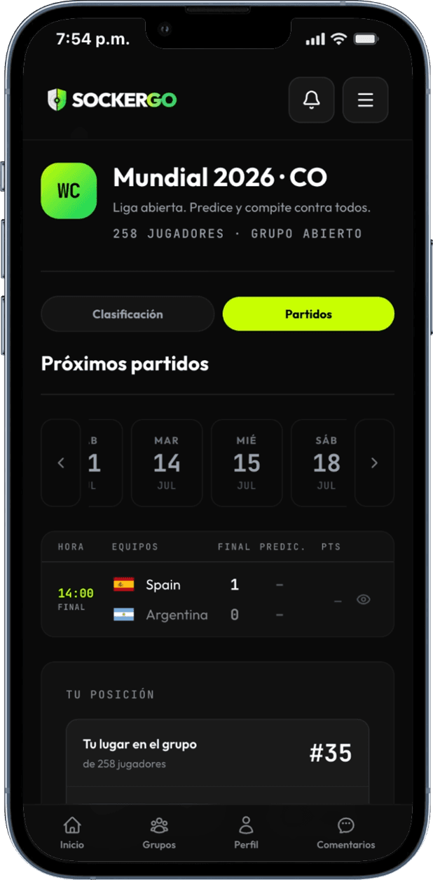 Sockergo screen with the matches of the Mundial 2026 · CO group: the day-by-day calendar and Spain–Argentina with its final score.