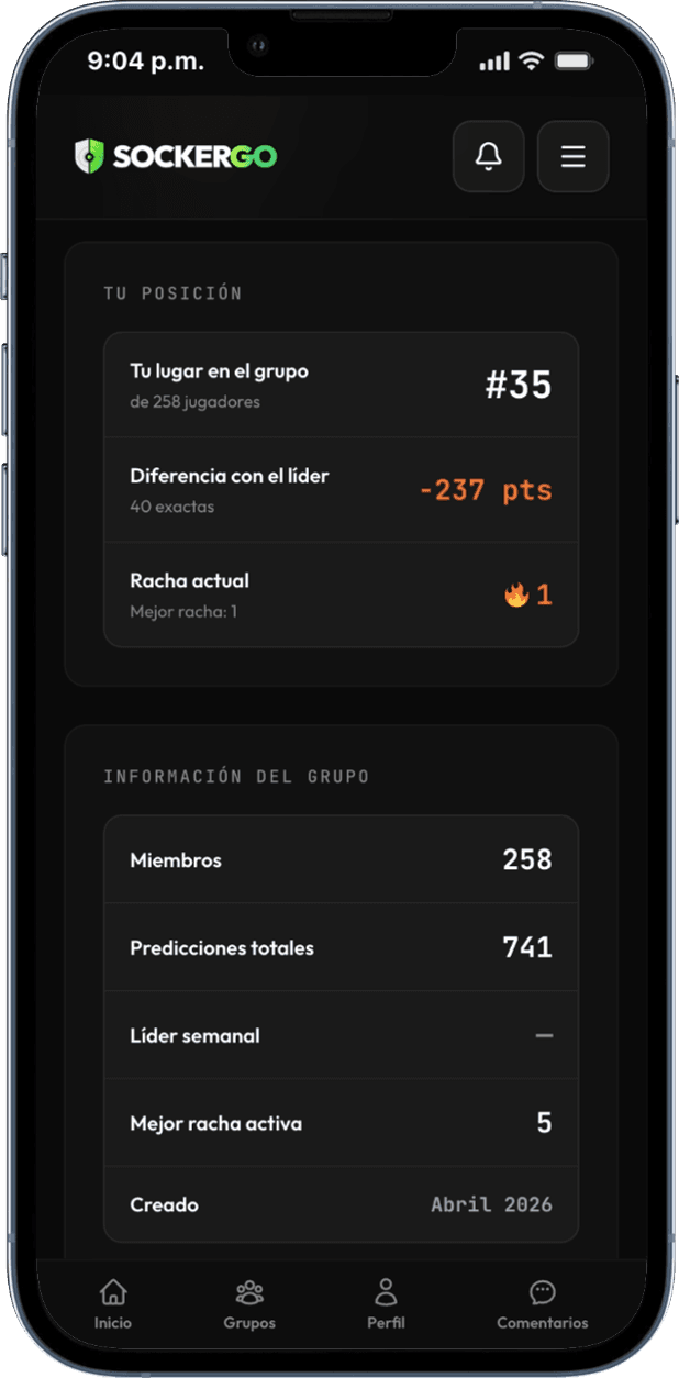 Sockergo screen with your standing in the group: 35th of 258, the gap to the leader, the current streak and the group stats.
