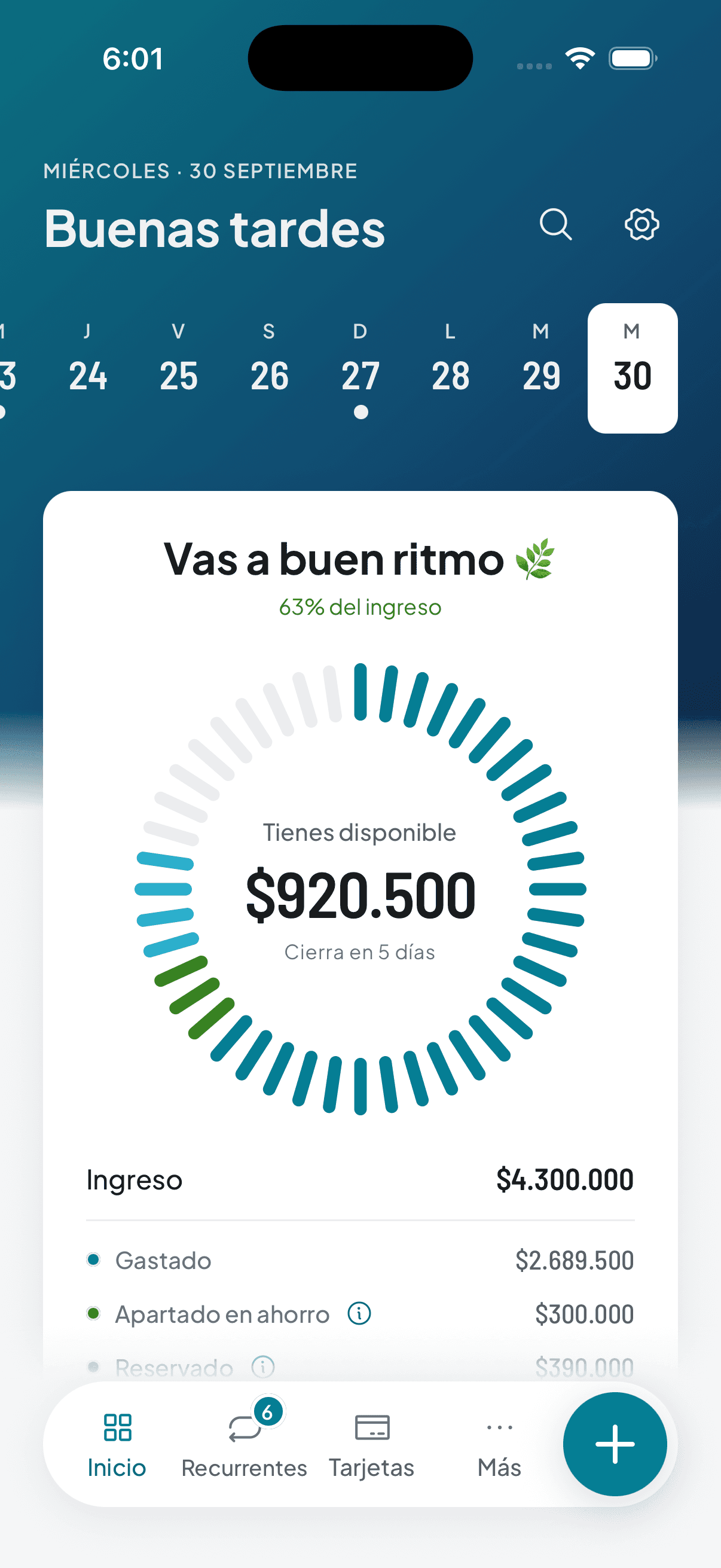 Thrymo home screen: “You’re on a good pace” at 63% of income, $920,500 available with 5 days left in the cycle, and the income, spent and set-aside summary.