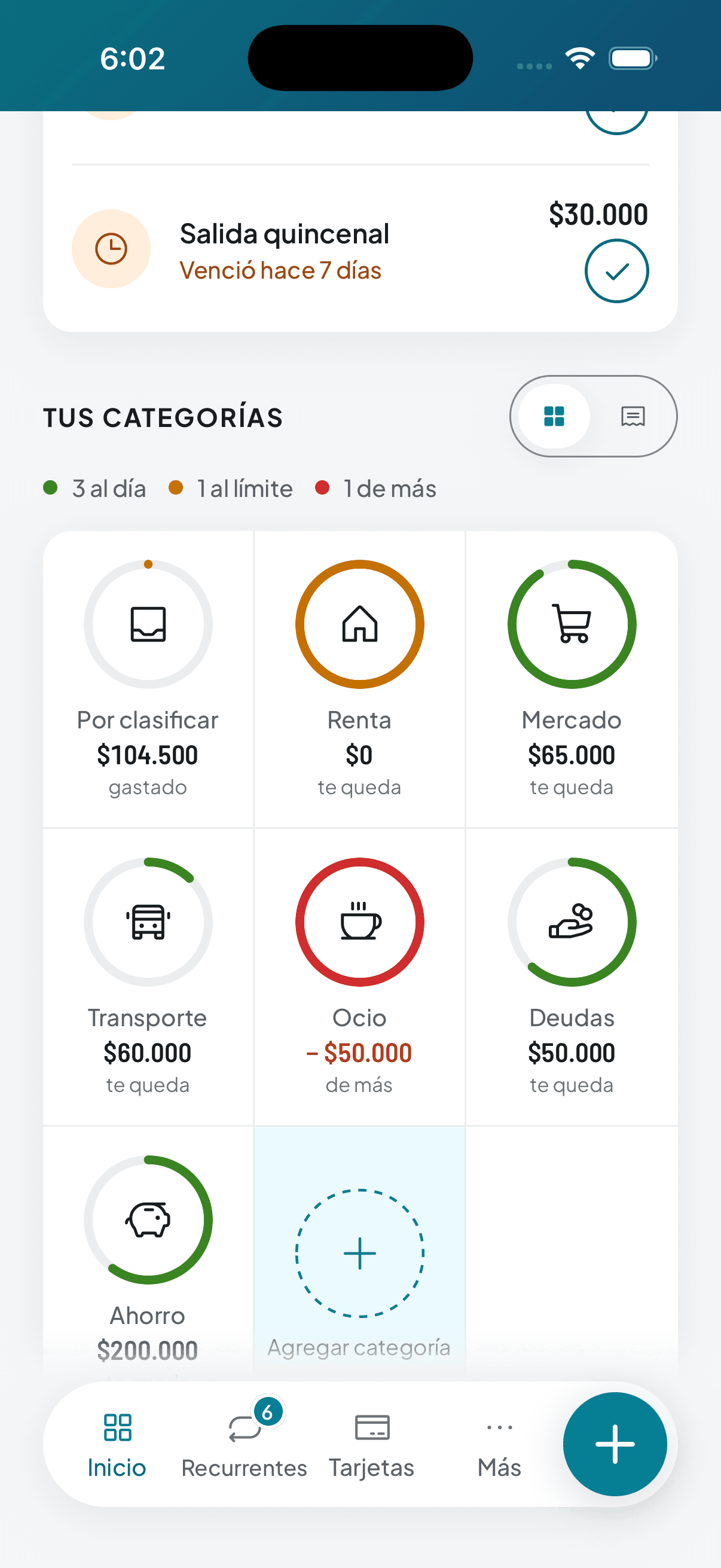 Thrymo screen with your categories (Rent, Groceries, Transport, Leisure, Debts, Savings) and how much each has left or is over.