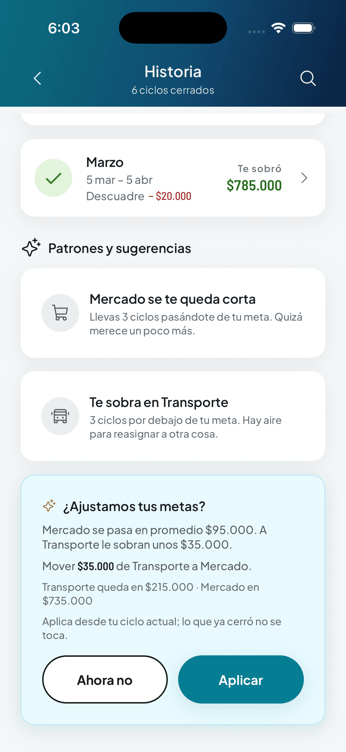 Thrymo history with closed cycles, patterns like “Groceries keeps coming up short” and a suggestion to move $35,000 from Transport to Groceries.